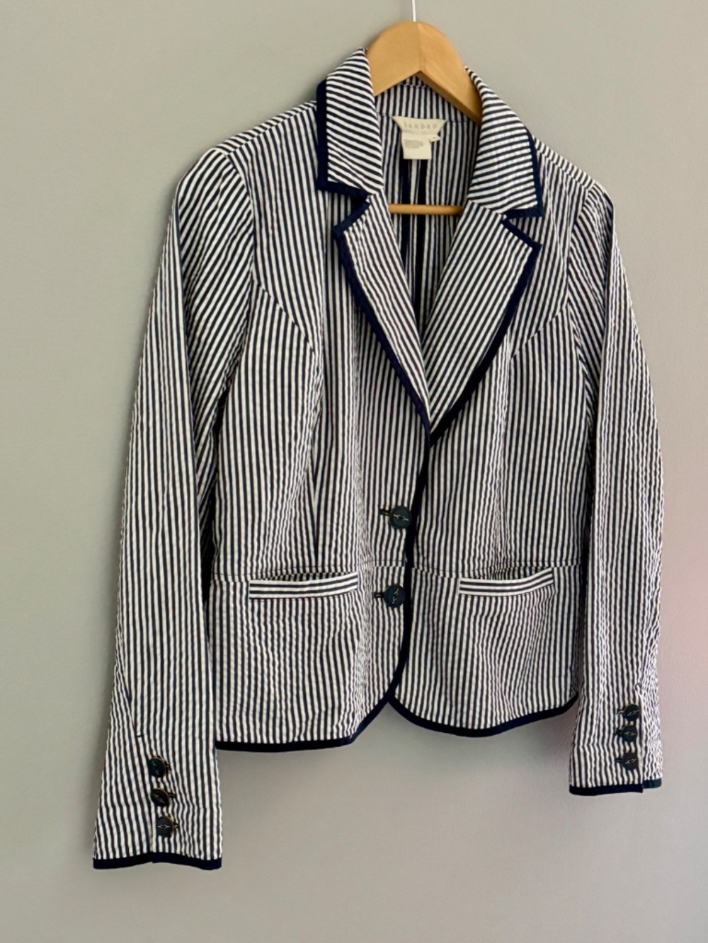 Sandro Cotton Blazer Blue White Stripe Nautical Styling Seersucker Jacket Large - Picture 6 of 16